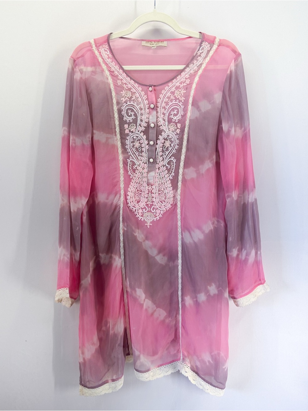 Anthropologie Anita Dongre Pink Tie Dye Sheer Beaded Crochet Trim Kaftan Size 14